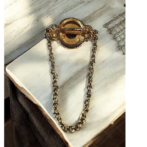 Mid-Century Painted Enamel Floral Brooch Ornate Gold Frame with Chain Drape - Picture 5 of 5